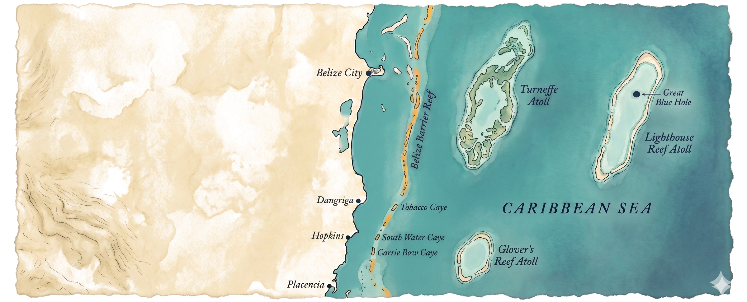 Hand-painted watercolor map of Belize coast and Caribbean Sea: Belize Barrier Reef, Tobacco Caye, South Water Caye, Carrie Bow Caye, Turneffe Atoll, Lighthouse Reef Atoll with Great Blue Hole, and Glover's Reef Atoll